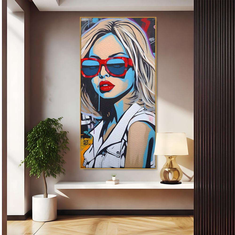Tablou canvas cu tablou canvas portret pop art femeie cu ochelari, in rama de aluminiu auriu